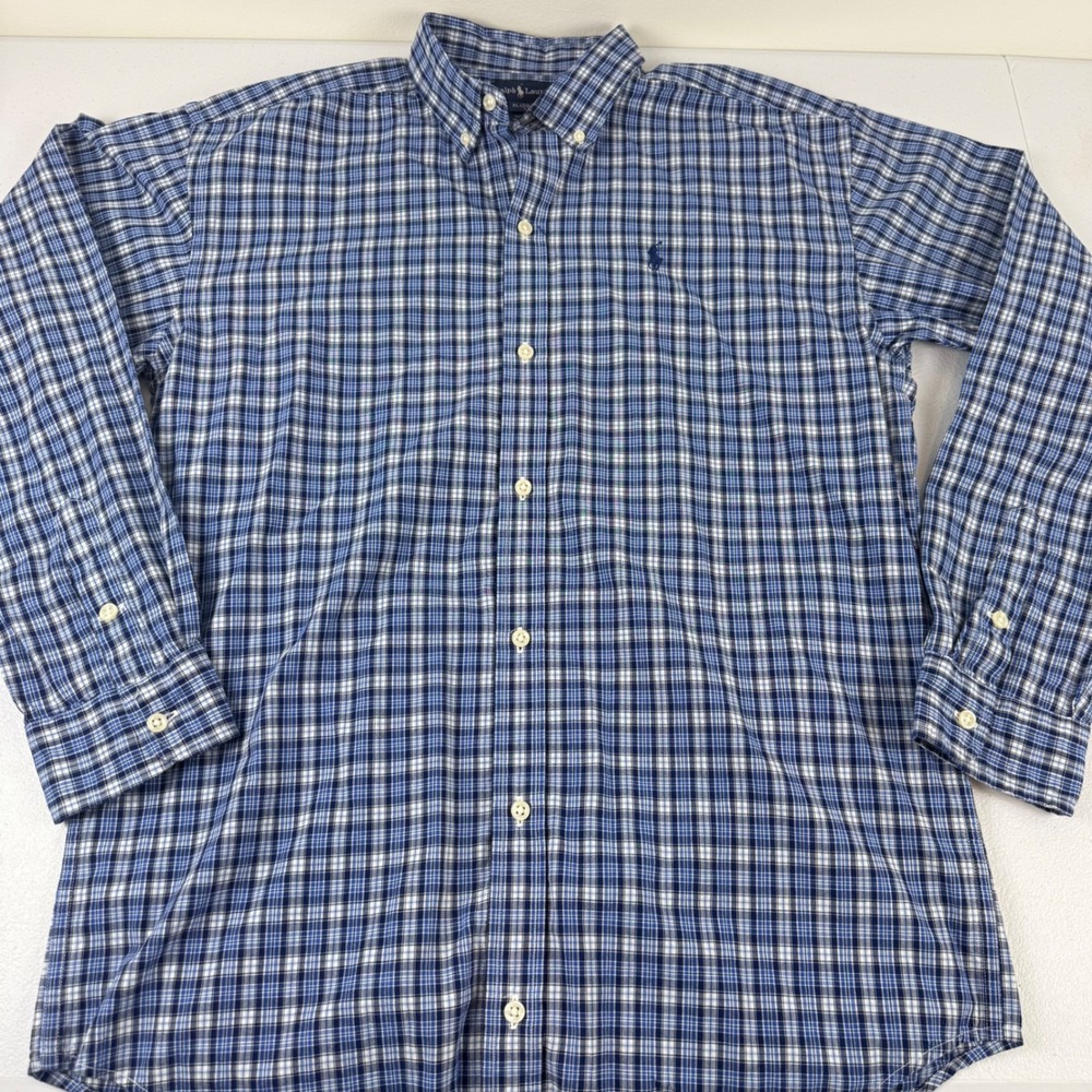 Ralph Lauren Mens XL Blue White Plaid Cotton Button Down Long Sleeve Pony Shirt